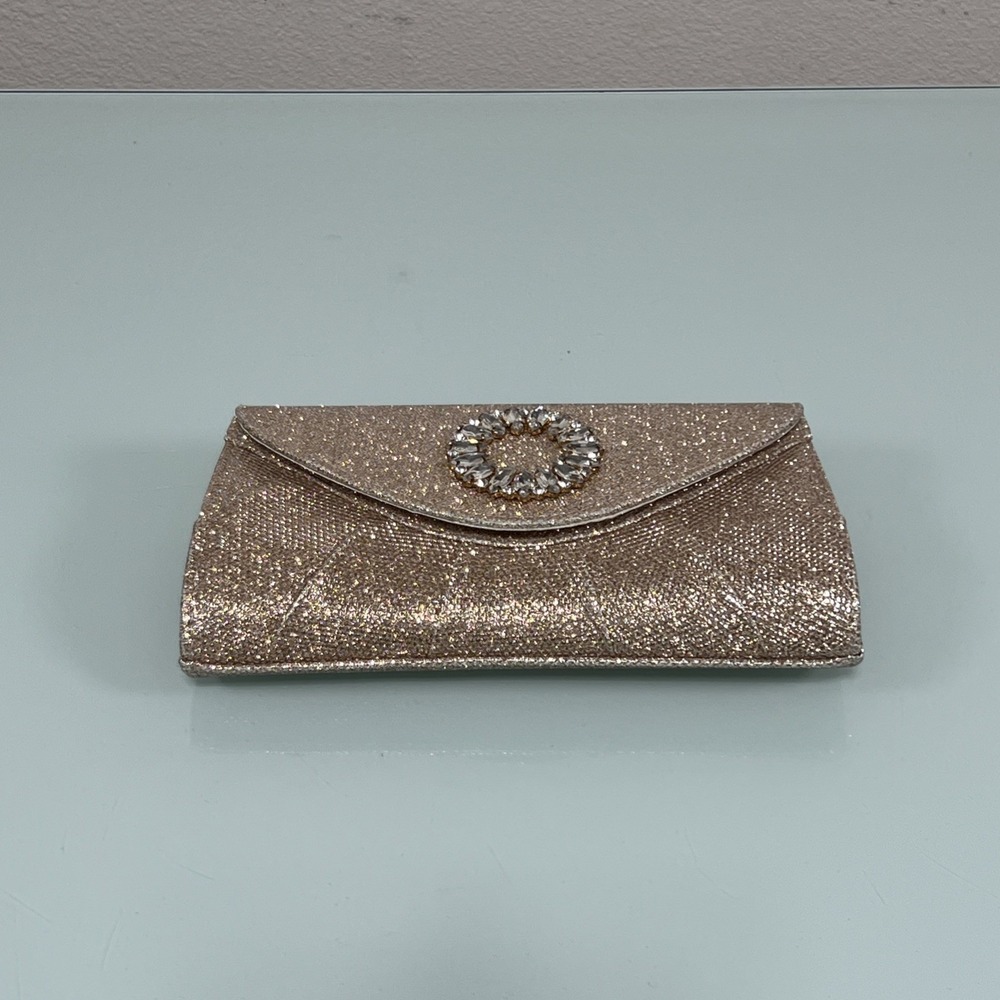 Kate Landry‎ Evening Gold Glitter With Rhinestone Brooch Style Clutch/Crossbody